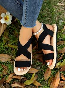 女性交叉帶平底度假黑色滌綸露跟涼鞋