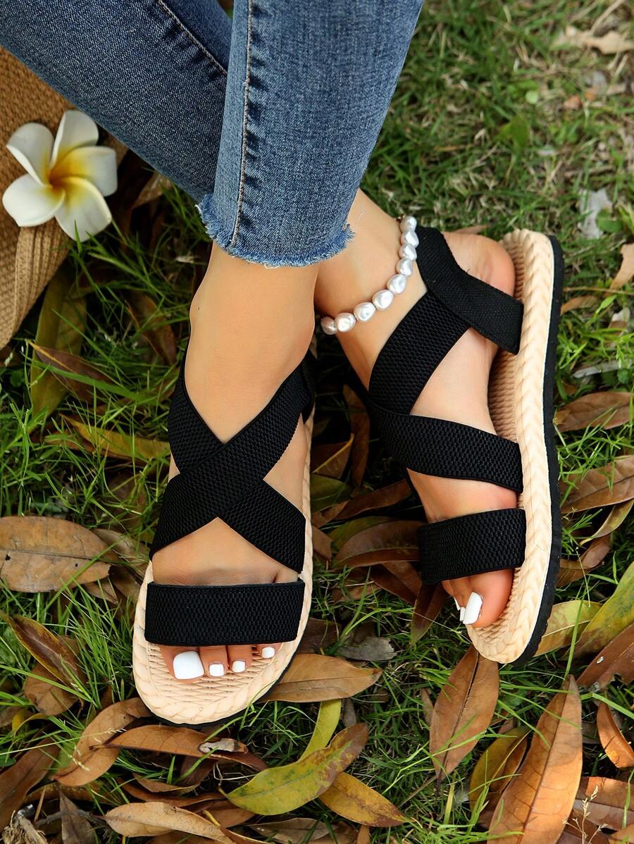 女性交叉帶平底度假黑色滌綸露跟涼鞋