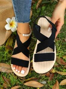 女性交叉帶平底度假黑色滌綸露跟涼鞋