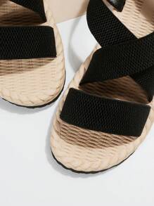 女性交叉帶平底度假黑色滌綸露跟涼鞋