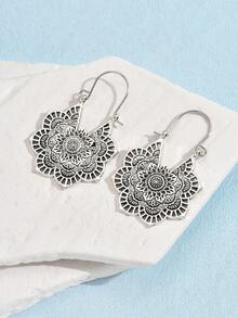 1對古董金屬幾何雕刻花波西米亞優雅吊墜圓耳環 - 復古銀色 - 查看 3