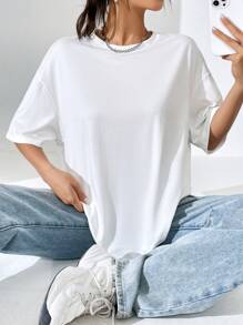 SHEIN EZwear 花卉和字母圖案落肩袖超大號T恤 - 白色 - 查看 2