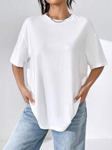 SHEIN EZwear 花卉和字母圖案落肩袖超大號T恤 - 白色 - 查看 6