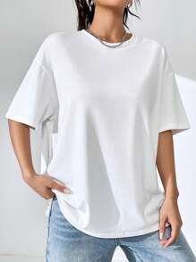 SHEIN EZwear 花卉和字母圖案落肩袖超大號T恤 - 白色 - 查看 4