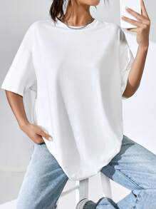 SHEIN EZwear 花卉和字母圖案落肩袖超大號T恤 - 白色 - 查看 8