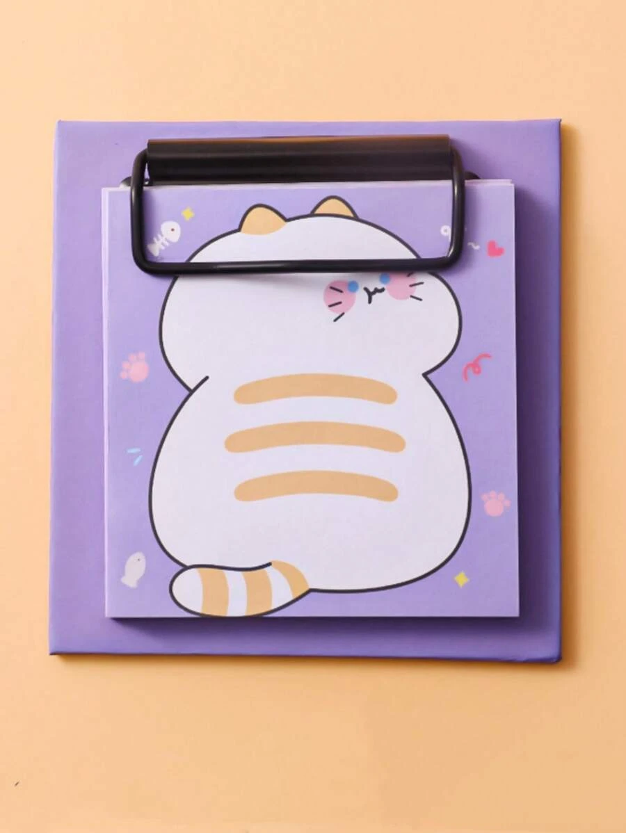 1入組卡通貓圖案迷你記事本帶剪貼板可愛多用途可寫記事本適合辦公室、學生 - 紫色 - 查看 1
