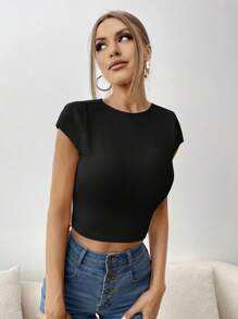 SHEIN Essnce Áo thun nữ Lộ Lưng màu trơn Gợi cảm - màu đen - Xem 3