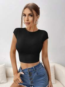 SHEIN Essnce Áo thun nữ Lộ Lưng màu trơn Gợi cảm - màu đen - Xem 4