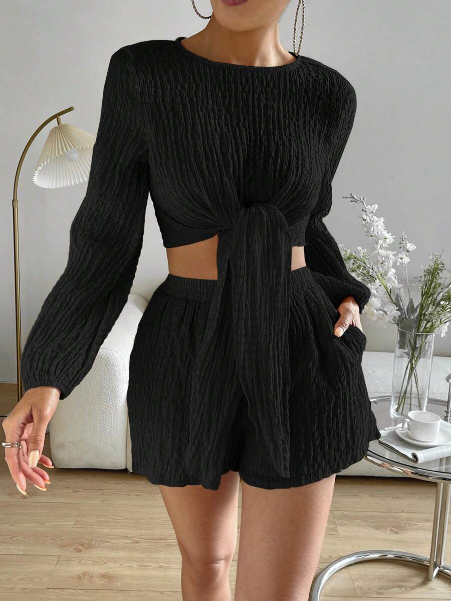 SHEIN Unity Solid Tie Front Crop Top & Shorts - Black - View 1