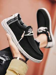 Men Letter Graphic Ren Up Design Loafers, Giày thuyền vải ngoài trời giải trí - màu đen - Xem 3