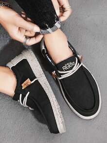 Men Letter Graphic Ren Up Design Loafers, Giày thuyền vải ngoài trời giải trí - màu đen - Xem 4