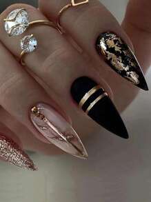 用24入組/盒升級您造型黑杏仁黑色燙金閃光線條形狀假指甲套件，帶深琥珀色和鋁箔設計，防水可拆卸指甲貼，含指甲果凍膠 - 彩色 - 查看 1