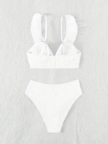SHEIN Swim Summer Beach Ruffle Trim High Waisted Bikini Set - White - View 3