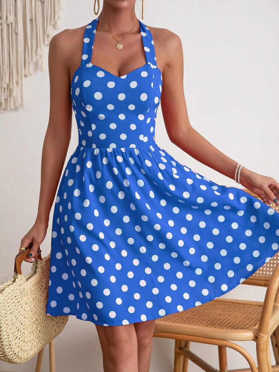 Soleia Đầm Lộ Lưng Buộc lại Dây kéo Dải chun Chấm bi Giải trí - Xanh và trắng - Xem 1