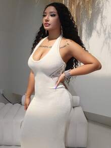 Solid Halter Neck Backless Sweater Dress - White - View 3