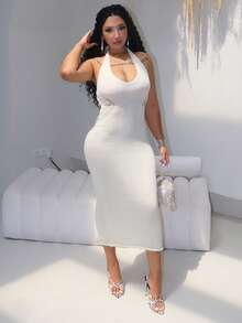 Solid Halter Neck Backless Sweater Dress - White - View 4