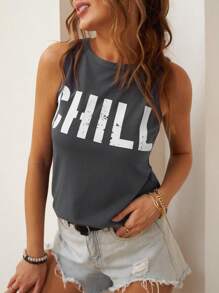 CILKOO Spring/Summer S Imple C Asual Letter Printed Round Neck Sleeveless Women's Tank Tops