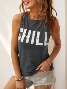 CILKOO Spring/Summer S Imple C Asual Letter Printed Round Neck Sleeveless Women's Tank Tops