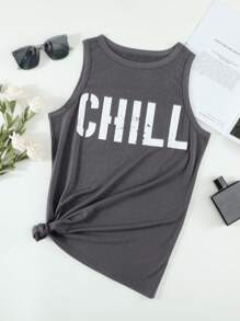 CILKOO Spring/Summer S Imple C Asual Letter Printed Round Neck Sleeveless Women's Tank Tops