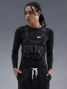 ROMWE Cyber Luvr 男士極簡風胸掛袋,釋放扣裝飾,黑色 - 黑色 - 查看 2