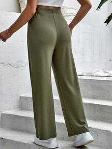 SHEIN Maternity Solid Adjustable Waist Trousers - Army Green - View 2