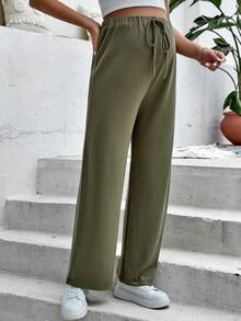 SHEIN Maternity Solid Adjustable Waist Trousers - Army Green - View 3