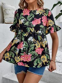 SHEIN 孕婦印花荷葉袖荷葉邊下擺襯衫