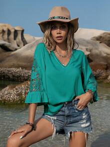 Rusttydustty Women's Green V-Neck 3/4 Sleeve Blouse, Bohemian Style, Suitable For New Year Party, Easter, Beach, Hawaii, Music Festival, Tropical Holiday - Green - View 5