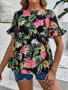 SHEIN 孕婦印花荷葉袖荷葉邊下擺襯衫