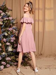SHEIN 青少年女孩挖肩荷葉邊連衣裙 - 藕粉色 - 查看 2