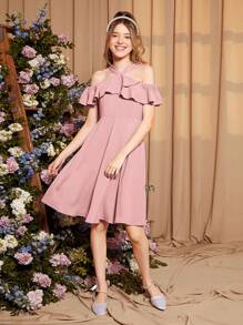 SHEIN 青少年女孩挖肩荷葉邊連衣裙 - 藕粉色 - 查看 5