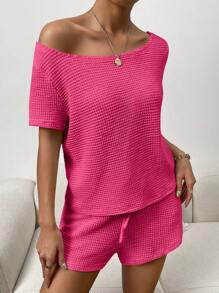 SHEIN Essnce Solid Boat Neck Tee & Drawstring Waist Shorts