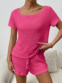 SHEIN Essnce Solid Boat Neck Tee & Drawstring Waist Shorts