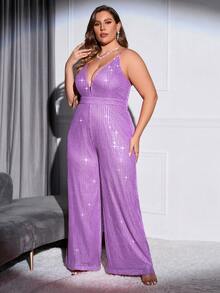 Double Crazy Plus Plunge Neck Sequin Cami Jumpsuit - Purple - View 5