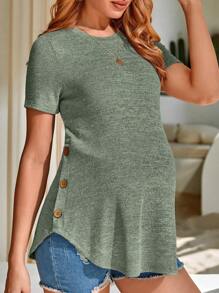 SHEIN Maternity Button Detail Curved Hem Tee - Green - View 3