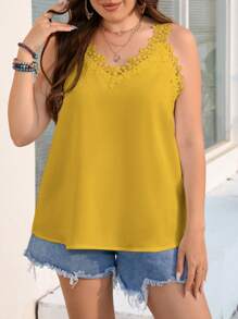 SHEIN Privé Plus Guipure Lace Trim Tank Top - Yellow - View 4