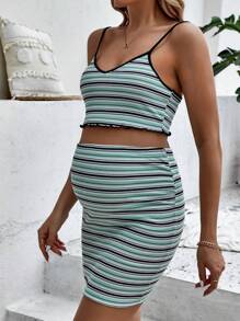 SHEIN 孕婦條紋圖案木耳邊吊帶上衣和可調節腰圍包臀半身裙 - 薄荷藍 - 查看 3