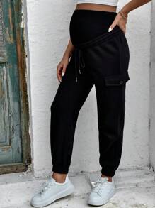 Maternity Drawstring Waist Flap Pocket Side Cargo Trousers - Black - View 1