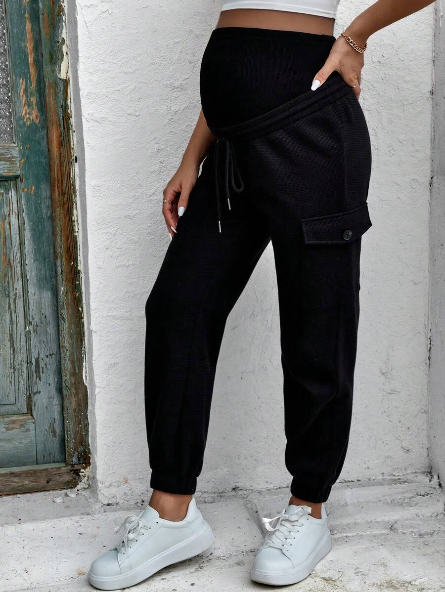 Maternity Drawstring Waist Flap Pocket Side Cargo Trousers - Black - View 1
