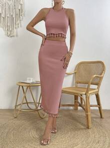 SHEIN VCAY Tassel Trim Crop Halter Top & Split Thigh Skirt - Dusty Pink - View 3