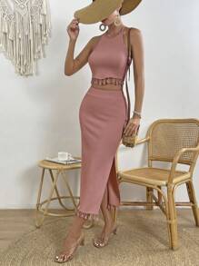SHEIN VCAY Tassel Trim Crop Halter Top & Split Thigh Skirt - Dusty Pink - View 6