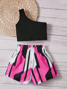 SHEIN Girls One Shoulder Top & Colourblock Paperbag Waist Belted Shorts - Multicolor - View 2