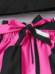 SHEIN Girls One Shoulder Top & Colourblock Paperbag Waist Belted Shorts - Multicolor - View 3