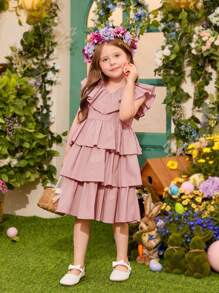 Toddler Girls Ruffle Trim Layer Hem Dress - Dusty Pink - View 3