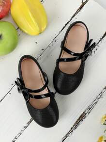 Baby Girls Hook-and-loop Fastener Bow Decor Fashionable Mary Jane Flats For Outdoor - Black - View 1