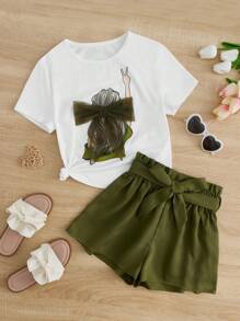 SHEIN Tween Girl Figure Graphic Tee & Paperbag Waist Belted Shorts - Army Green - View 1
