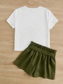 SHEIN Tween Girl Figure Graphic Tee & Paperbag Waist Belted Shorts - Army Green - View 2