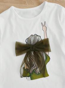 SHEIN Tween Girl Figure Graphic Tee & Paperbag Waist Belted Shorts - Army Green - View 3