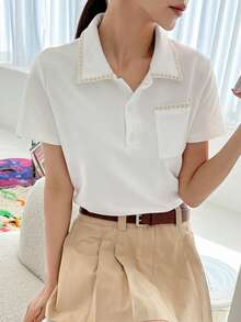 DAZY Viền tương phản Cổ Polo Vá Túi Áo thun - trắng - Xem 5