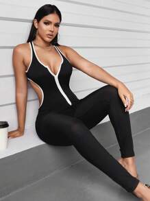 SHEIN SXY Contrast Binding Cut Out Unitard Jumpsuit - Black - View 1